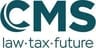 CMS international law firm logo featuring bold teal initials above the tagline ‘law·tax·future.’