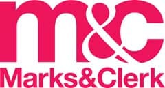 The image displays the logo of Marks & Clerk, a firm specializing in intellectual property services. The logo features the letters "m & c" in bold, bright pink, with the firm's full name, "Marks & Clerk," written below in a more subdued font.