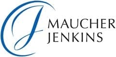 The image shows the logo for Maucher Jenkins, a law firm. The logo features the firm's name in a clean and professional font. The "M" in "Maucher" is stylized with an elegant swirl, suggesting creativity and expertise in intellectual property and related legal services.