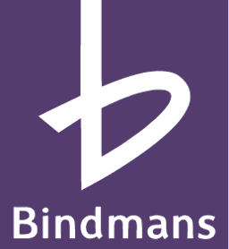 Logo of Bindmans featuring a purple square with a stylized white 'B' symbol and 'Bindmans' in white text below