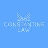 Constantine Law logo, featuring the firm name in white text with a winged emblem on a light blue background.