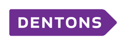 Dentons logo, featuring the global law firm’s name in white text on a purple arrow-shaped background