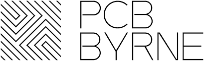 PCB Byrne logo featuring a geometric black line pattern on the left and the firm name ‘PCB BYRNE’ in thin, modern uppercase lettering on the right