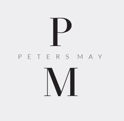 Peters May LLP logo featuring large serif letters 'P' and 'M' with the text 'P E T E R S M A Y' spaced horizontally between them on a light grey background