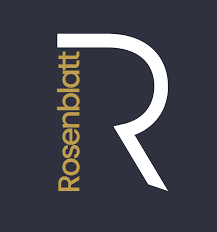 Rosenblatt Law logo featuring a stylized white letter ‘R’ on a dark background, with the word ‘Rosenblatt’ written vertically in gold along the left side