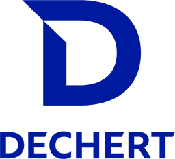 Dechert logo, featuring a bold blue ‘D’ above the international law firm’s name in matching blue text