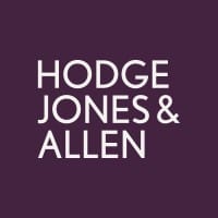 The image displays the logo of Hodge Jones & Allen, a law firm. The logo features the firm's name in bold typography on a purple background, reflecting its strong presence and expertise in providing legal services.