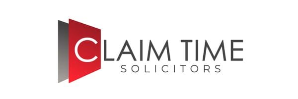 Claim Time Solicitors law firm logo featuring a red geometric symbol with the firm’s name in modern grey lettering.