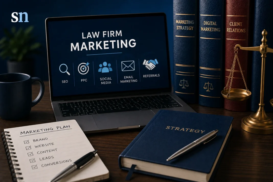 Solicitor News branded illustration of a law firm marketing strategy with laptop, legal books, notebook and scales of justice representing SEO, digital marketing and client acquisition.