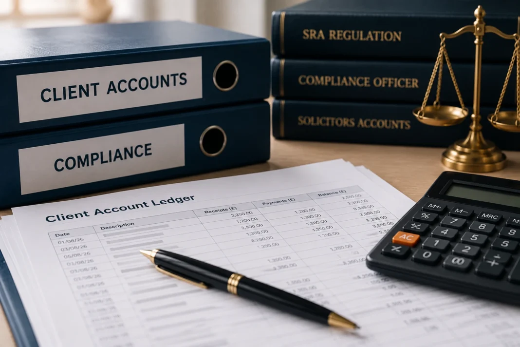 Client account ledger, calculator and compliance documents illustrating Solicitors Disciplinary Tribunal rulings on COFA responsibility.