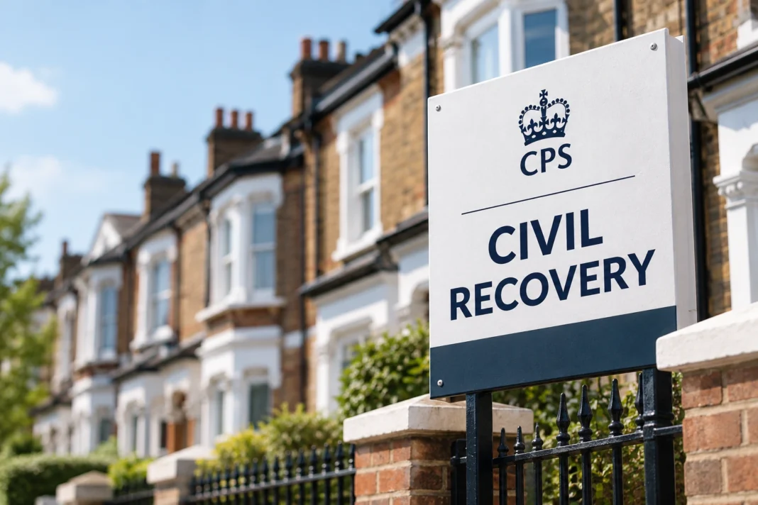 Residential street with a CPS civil recovery sign illustrating a property recovered following mortgage fraud under the Proceeds of Crime Act.