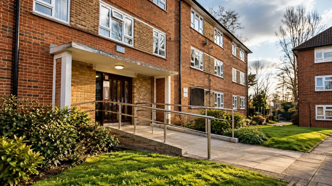 Red-brick residential housing building with an accessible entrance ramp and landscaped grounds in London.