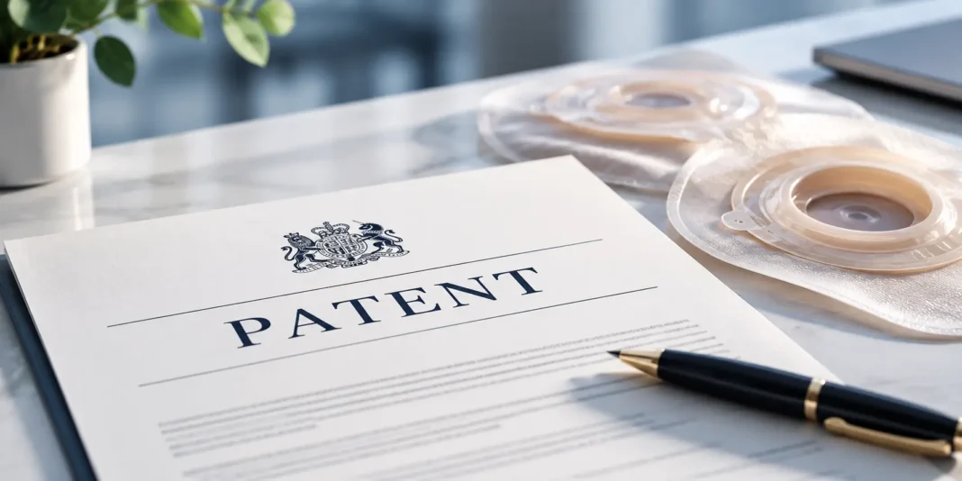 Patent document beside medical adhesive products, illustrating a patent law dispute involving Convatec.