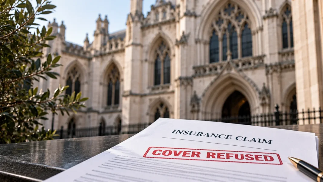 Insurance claim document stamped “Cover Refused” in front of a blurred Gothic courthouse, illustrating the Court of Appeal’s ruling in Daniel Makin’s insurance dispute