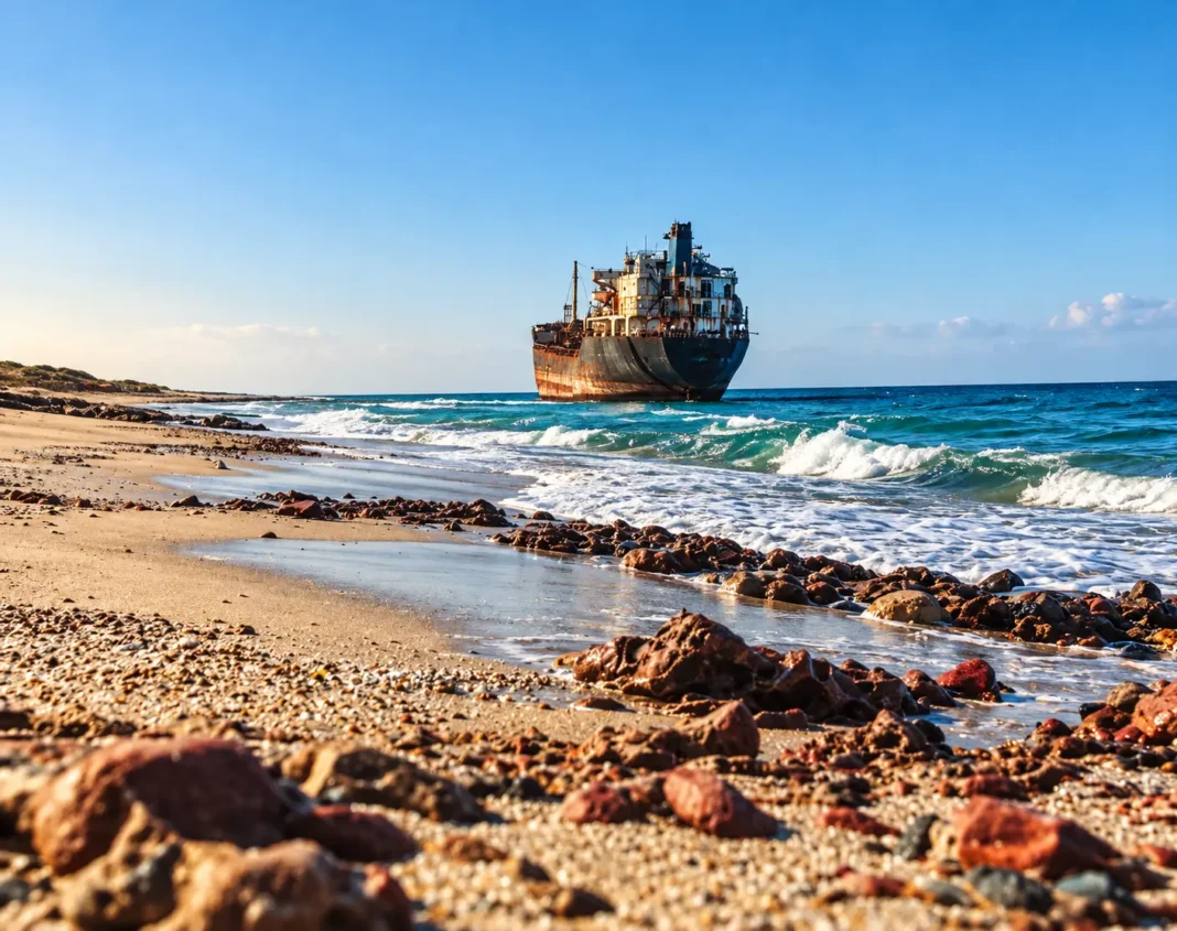 Rusted cargo tanker at sea near a rocky beach, with turquoise waves and warm golden-hour sunlight.
