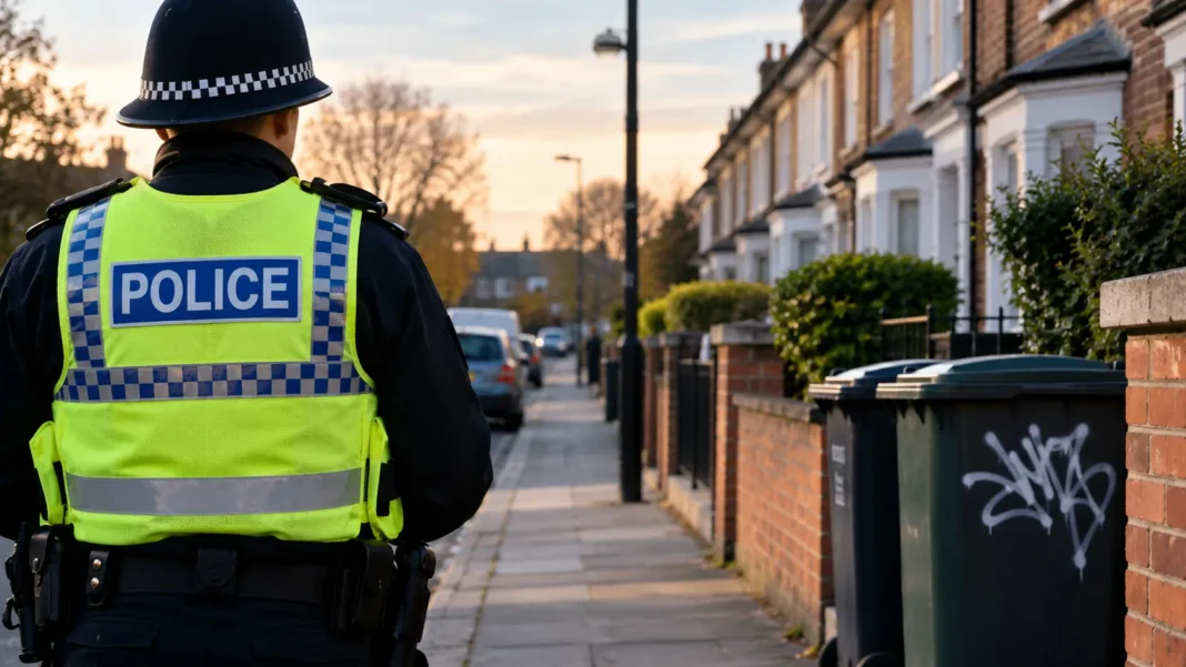 Rear-facing police officer patrolling a UK residential street in the context of anti-social behaviour prevention.