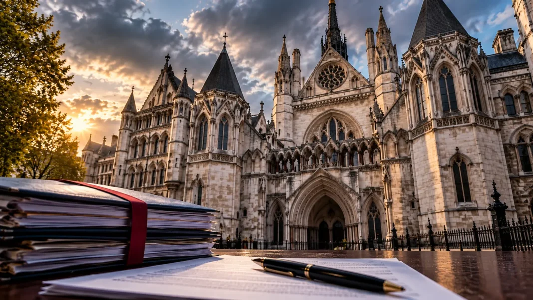 Royal Courts of Justice with legal documents and journalistic equipment, illustrating a Court of Appeal ruling on Investigatory Powers Tribunal legal costs.