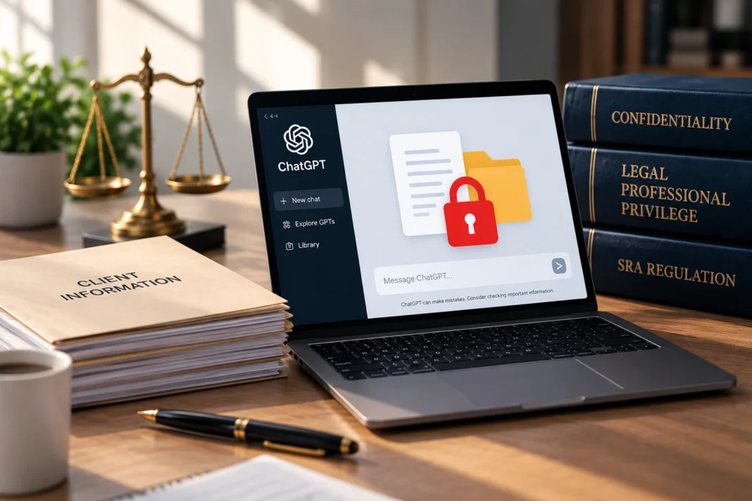Laptop displaying an AI chatbot with a security lock, confidential client documents and legal books representing AI data privacy, client confidentiality and legal professional privilege in law firms.
