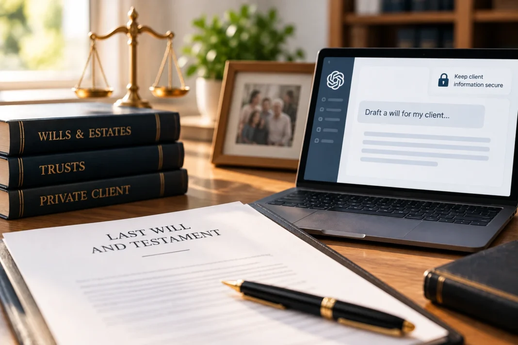 Laptop displaying an AI drafting interface beside a last will and testament, legal books and scales of justice, illustrating AI risks, client confidentiality and data protection in private client law.