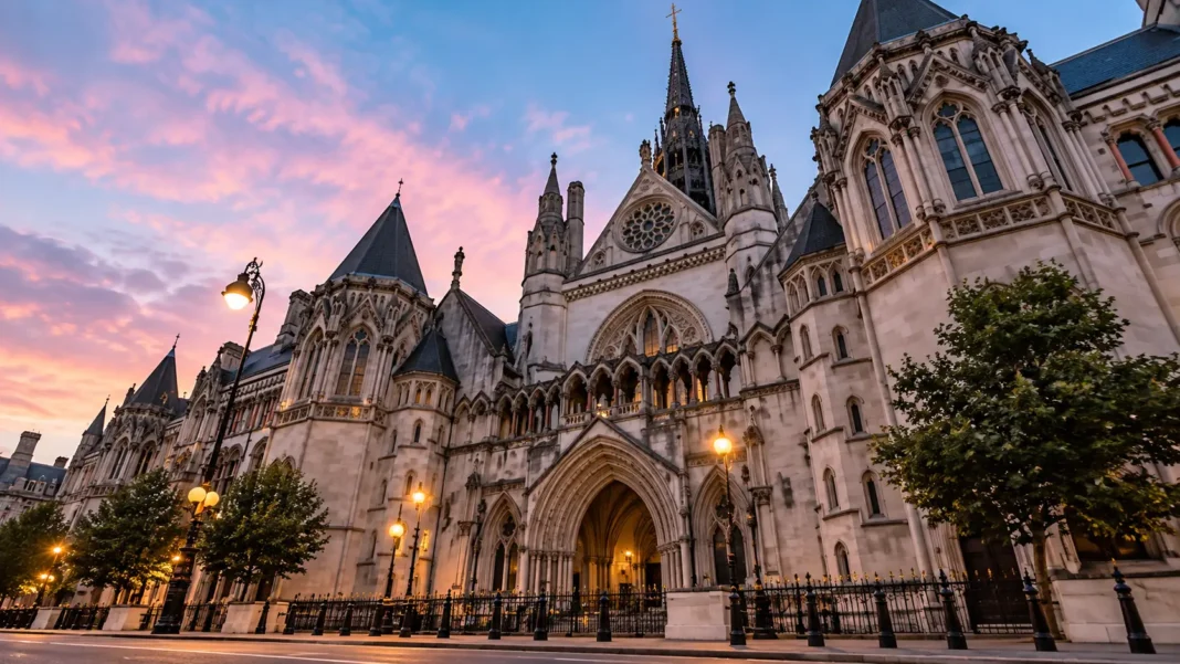 Cinematic view of a grand Gothic courthouse at dusk with ornate stone arches and illuminated street lamps.