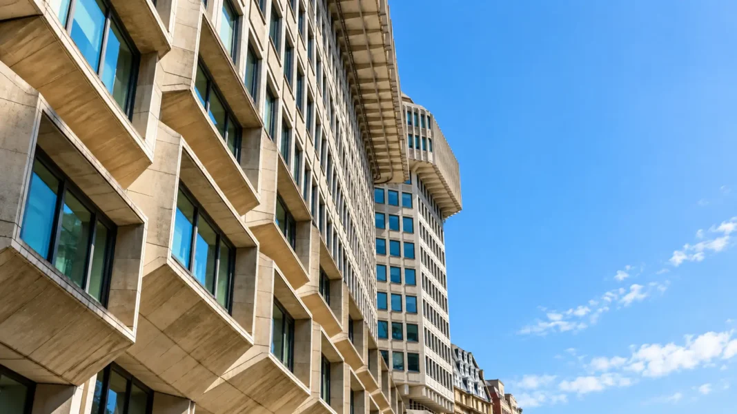 Modern concrete office building with geometric architecture and blue glass windows against a clear blue sky.