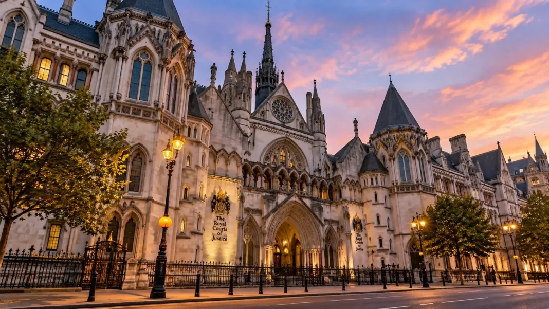 Cinematic view of the Royal Courts of Justice in London at sunset, featuring Gothic architecture and illuminated windows.