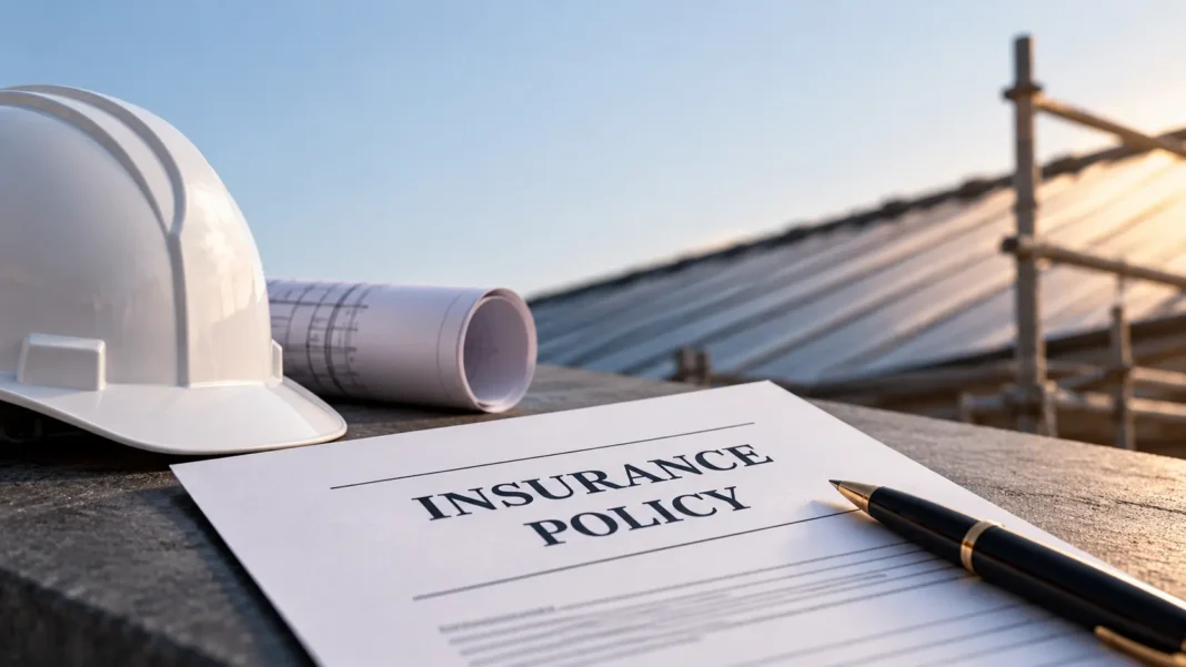 Minimal editorial image of an insurance policy, hard hat and roofing plans