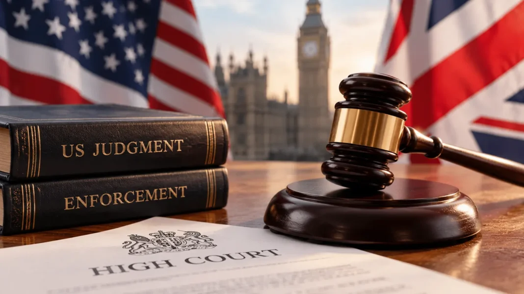 High Court enforcement of a US judgment with legal books, a judge’s gavel, and UK and US flags.